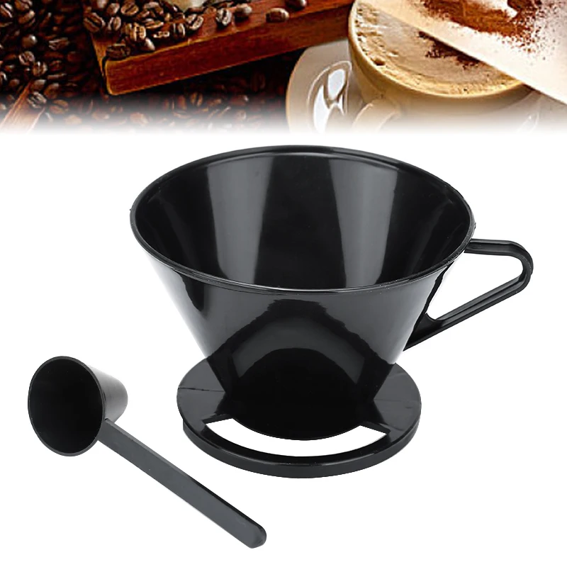 

Black Plastic Coffee Cone + Spoon Coffee Filter Holder Pour Over Coffee Cup Dripper Mesh Strainer Reusable Coffeeware Tool