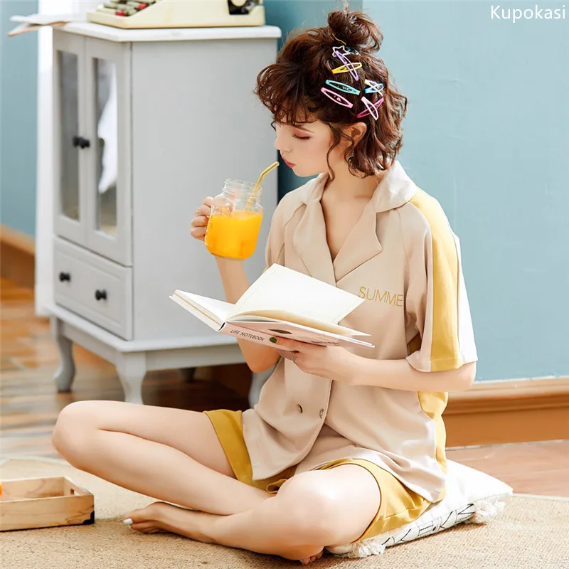 Комплект женской хлопковой пижамы kuпокаsi с отложным воротником комплект из 2