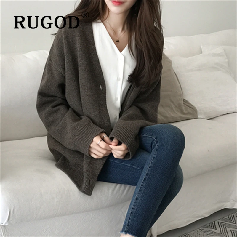 RUGOD Cardigan women Korean solid single-breasted V neck knitted lady sweater coat 2019 Fashion auturm warm oversized outwear |