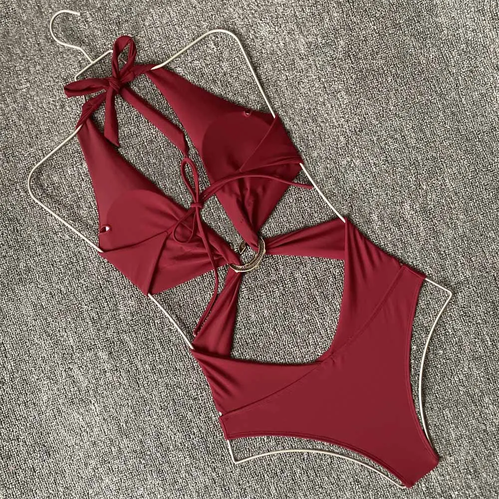

Rose Red Hollow Out One Piece Swimsuit 2021 New Monokini Bandage Swimwear Women Summer Bathers Bathing Suit One Piece Suit