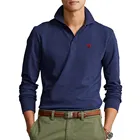 Мужская Однотонная рубашка-поло из 100% хлопка с вышивкой лошади, Повседневная рубашка-поло с длинным рукавом, мужские топы с лацканами на весну и осень