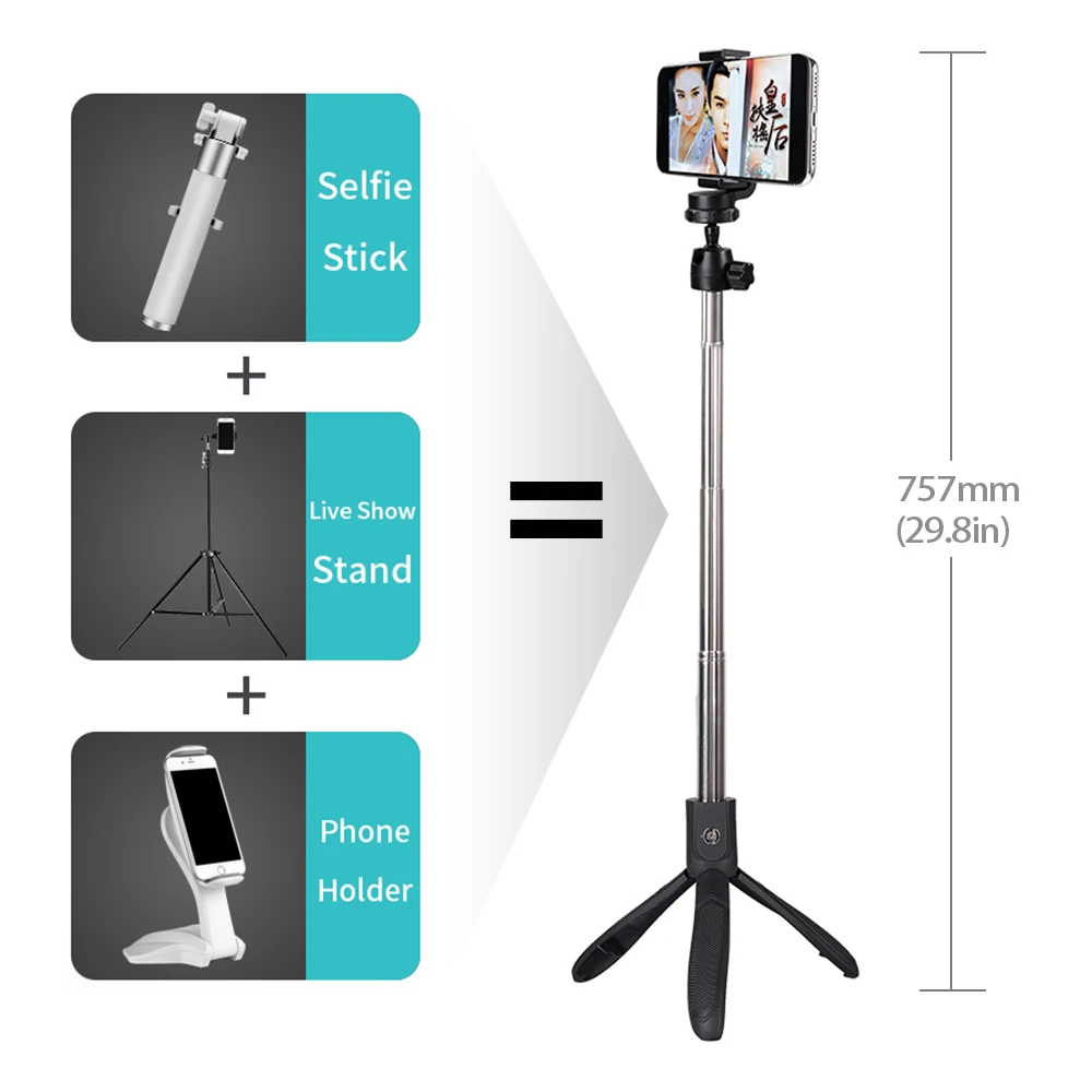 

Roreta High quality wireless Bluetooth Selfie Stick Tripod with Remote Control and mirror For Mobile Phone