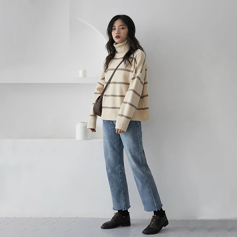 Autumn Winter Women Casual thick Sweater 3 Colour Turtleneck Computer Knitted Striped Pullovers Loose Office Lady Top | Женская одежда