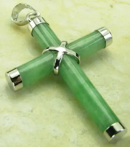 

Natural Light Green Jade White Gold Plated Cross Pendant with Necklace