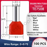 100pcs te7508 double pipe 0 56 0%c2%b2 cold pressed end double wire tube shaped insulated tubular terminal