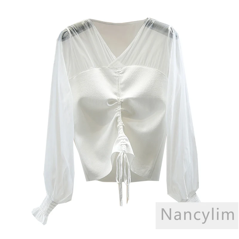 

Female Autumn Clothes Lady Tops Sexy Perspective Mesh Stitching Puff Sleeve V-neck Drawstring Pleated Sweater Shirt Casual Pull