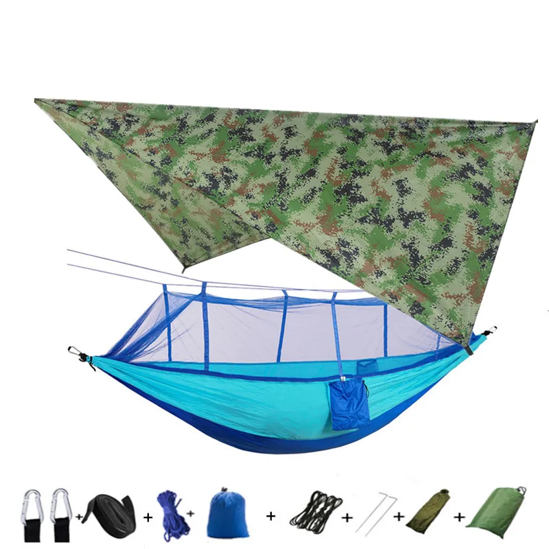 Camouflage and blue Дождевой мух брезент и Кемпинг гамак с москитной сеткой портативный гамак навес легкий нейлон гамаки для пеших прогулок, альпинизма - Цвет: Camouflage and blue