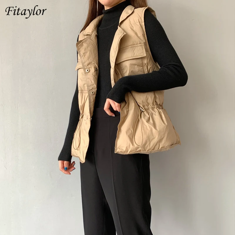 

Женский короткий жилет Fitaylor, куртка на белом утином пуху с двойным рядом пуговиц, теплая парка, верхняя одежда с поясом, зима 90%