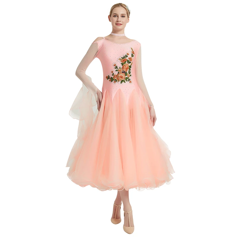 Женское бальное платье с вышивкой розовое блестками для бальных танцев танго