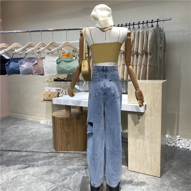 

Personality And Fashion Go With Dad Pants Go With Wide-leg Pants Design Sense Holes High Waist Loose Retro Straight Leg Pants