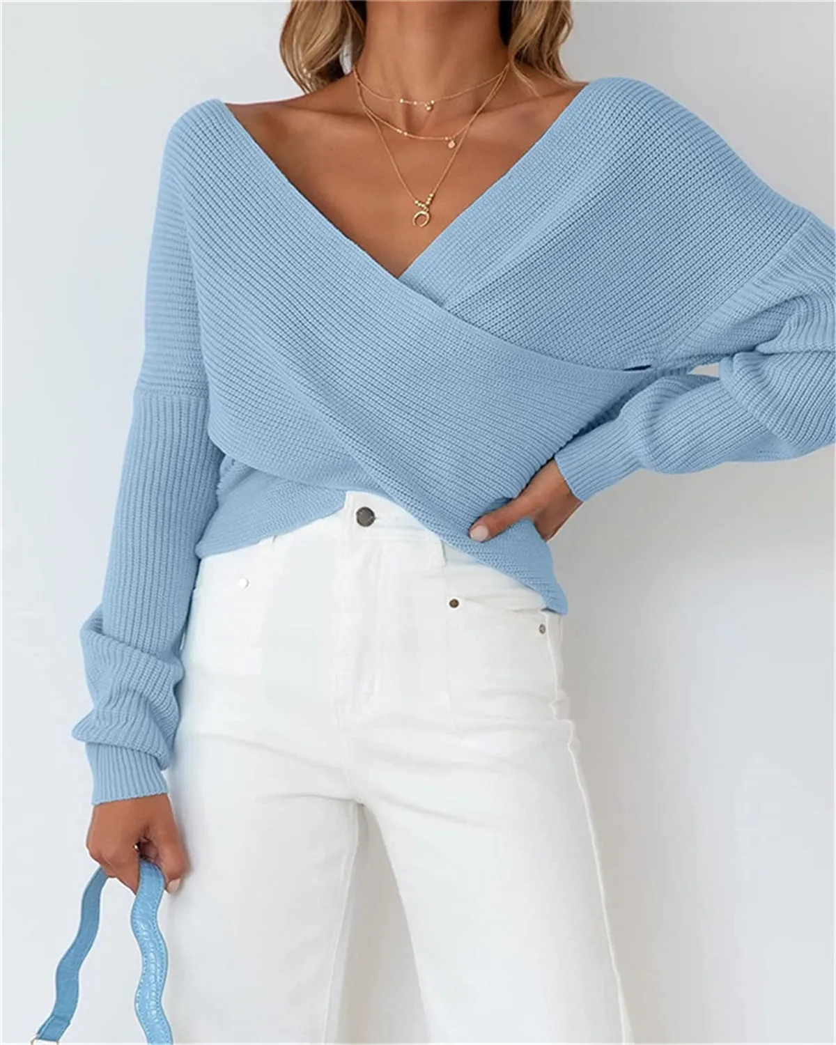 

Multicolor Elegant Women Solid Colour Jumpers Autumn Winter Warm Criss-Cross Ribbed V-Neck Loose Knitwear Sweaters Black Blue
