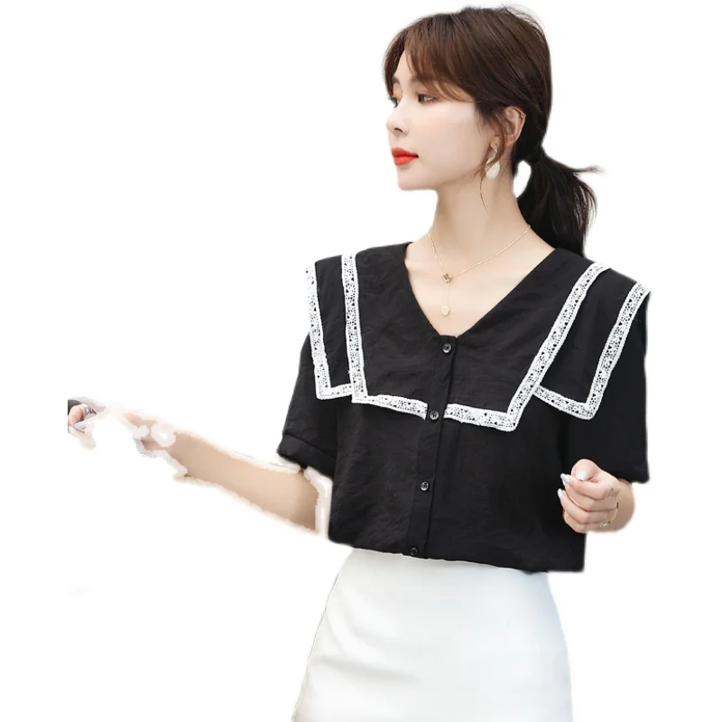 

Women's Blouses Chiffon Short Sleeve Tops V-neck Shirts Strapless Solid Color Splicing Fashion Casual Korean Loose Commute