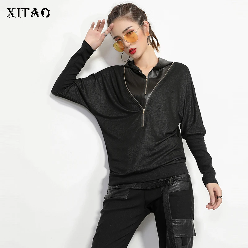 Женская футболка с капюшоном XITAO Однотонная длинными рукавами и рукавом летучая