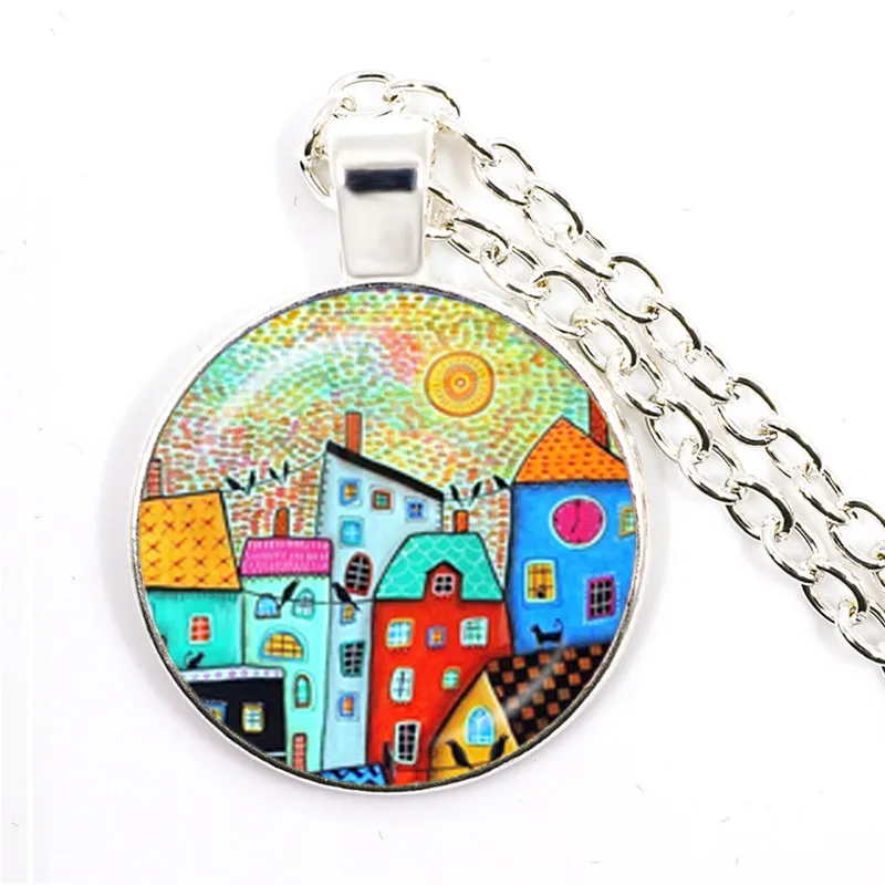 

New Arrival Abstract Oil Painting House and Tree Women Chain Necklace Starry Night Glass Cabochon Pendant Necklace for Women