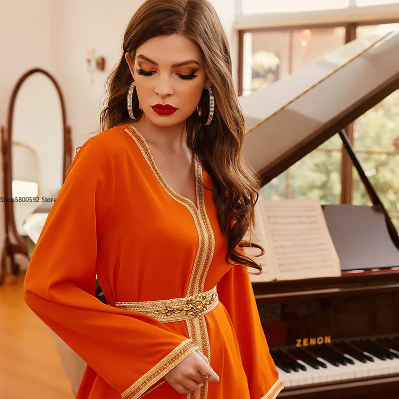 Rhinestones Party Dress Moroccan Kaftan Fashion Women Slit Golden Trimmed Long Sleeve Muslim Eid Abaya Night Gown Saudi Dubai