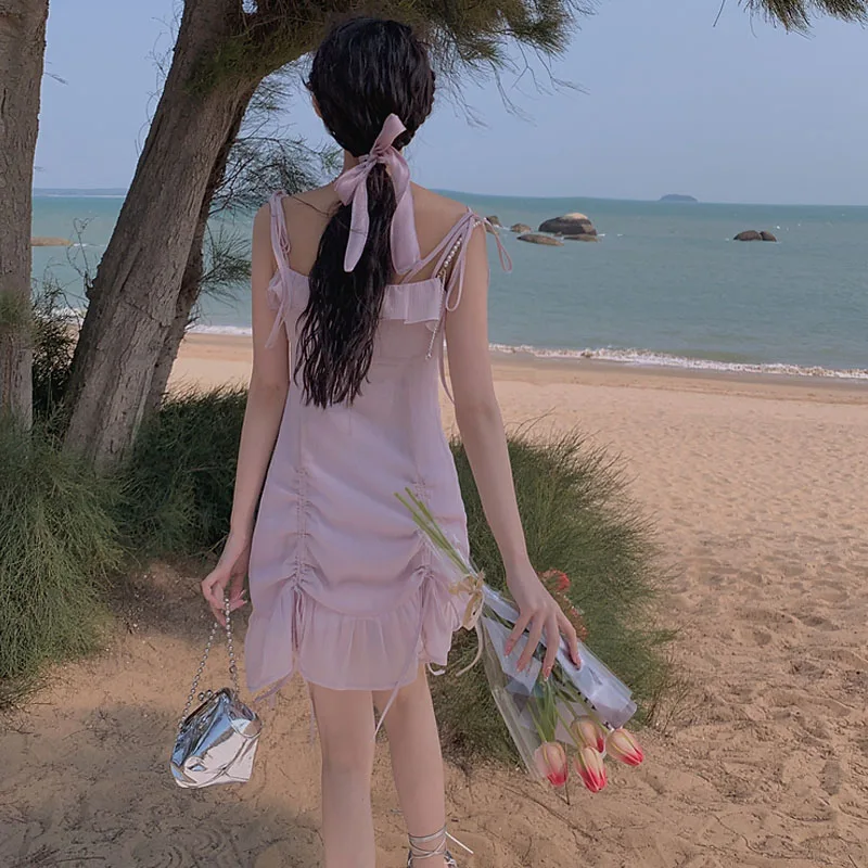 

New Kawaii Sweet Solid Strap Dress Korean Designer Fit Chic Chiffon Lace-Up Dress Sexy Mini Party Dresses For Womens Summer 2021