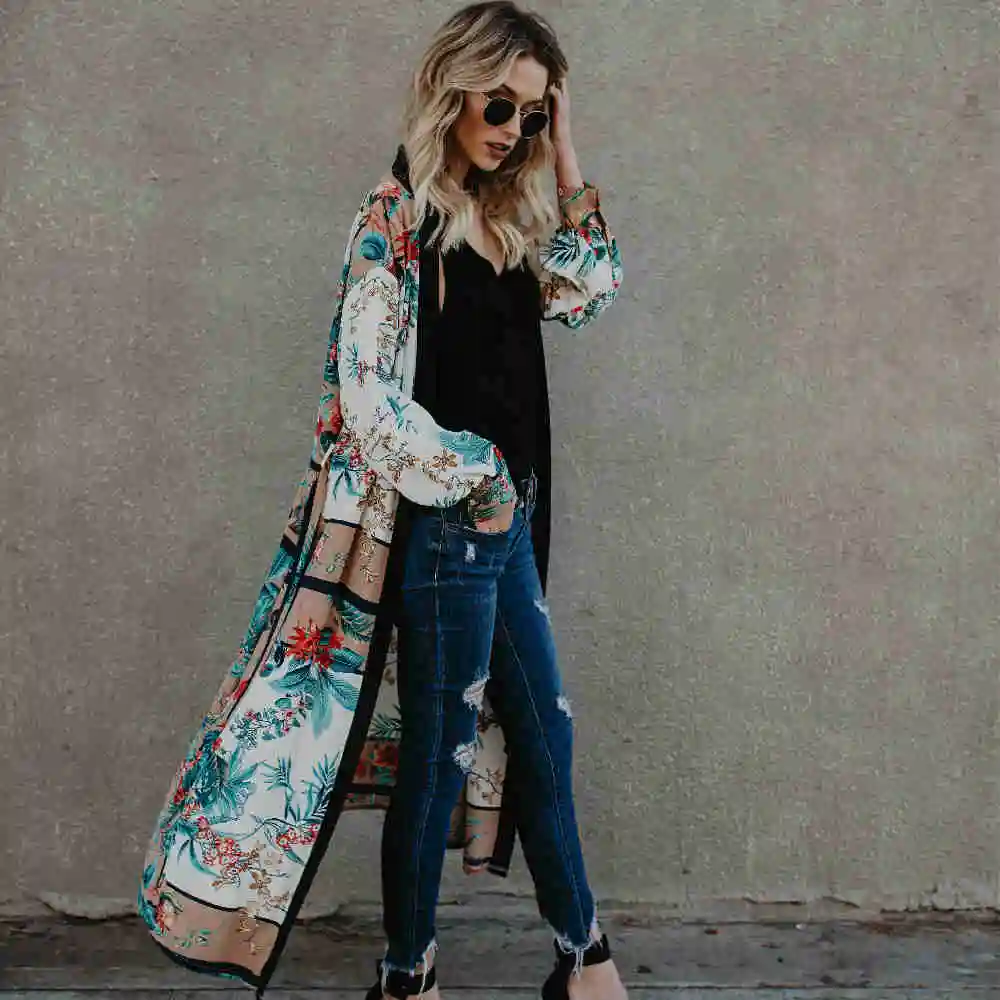 Накидки для бикини с принтом в стиле бохо длинное кимоно поясом кардиган белая