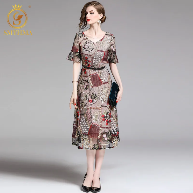 SMTHMA высокое качество Новое поступление 2021 летнее платье сетка вышивка