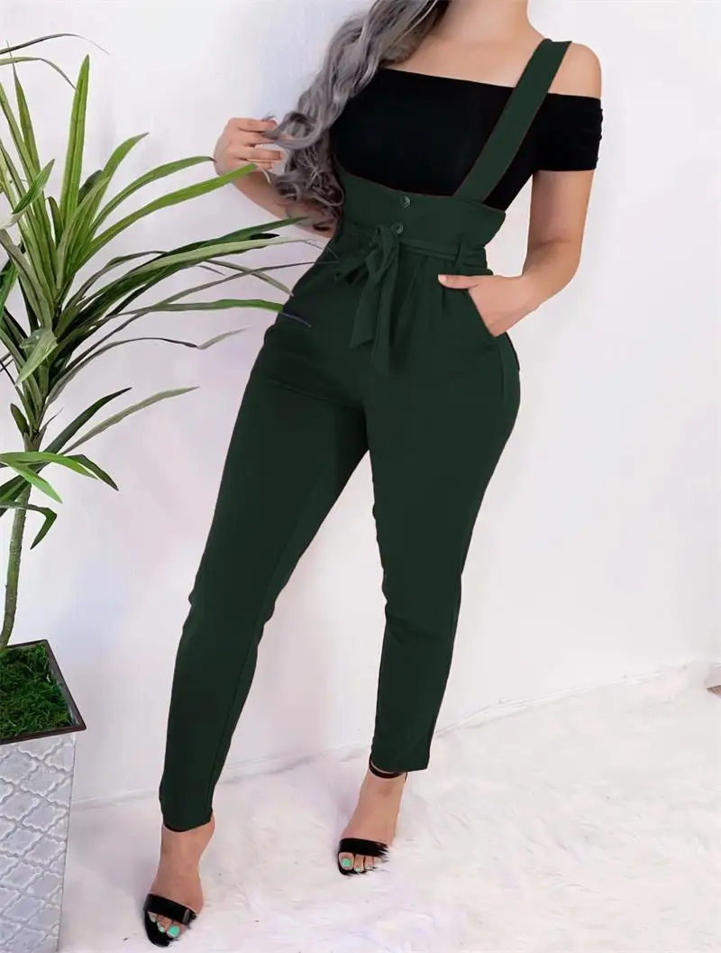 

Autumn Women Long Pants Bandage Design Button Pockets Decor High Waist Pencil Pants Lady Slim Hips Shoulder Straps Trousers2020