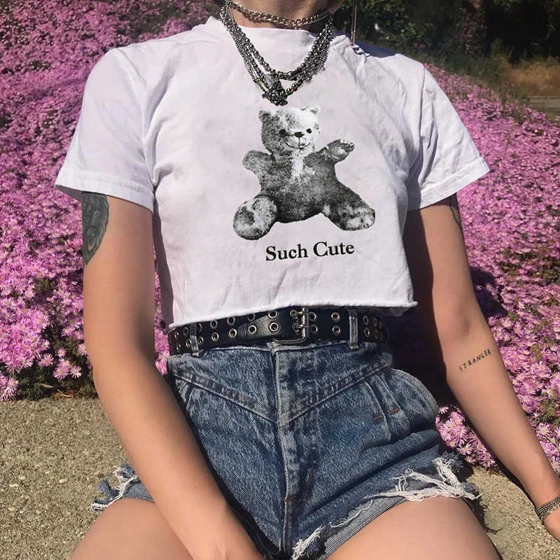 LVINMW повседневные белые топы с круглым вырезом и коротким рукавом принтом медведя