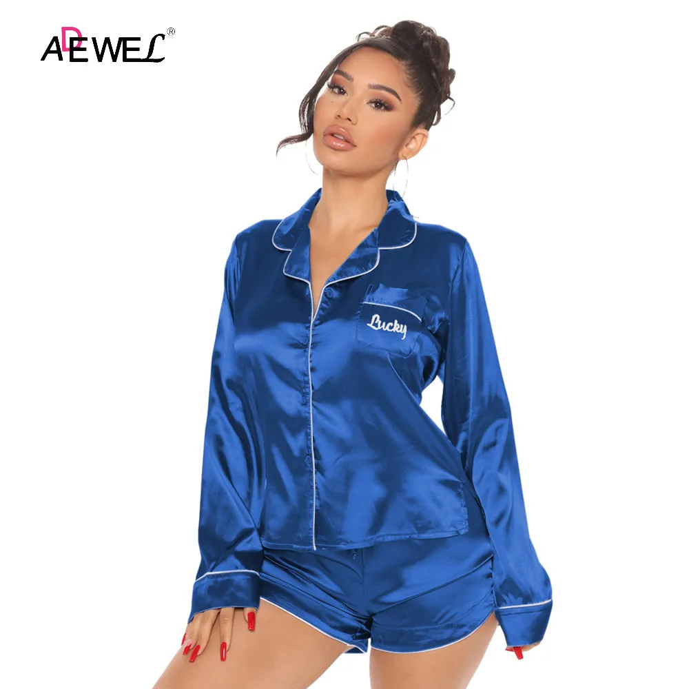 

ADEWEL Women Faux Silk Pajama Sets Satin Sleepwear Blue Long Sleeve+Shorts Fashion Solid Color Pajamas Spring New 2021 PJS