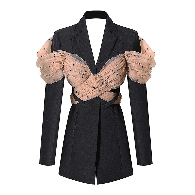 

DEAT 2021 new spring and autumn fashion V-neck hollow out backless mesh spliced patchwork high waist jacket fashion WP11901L