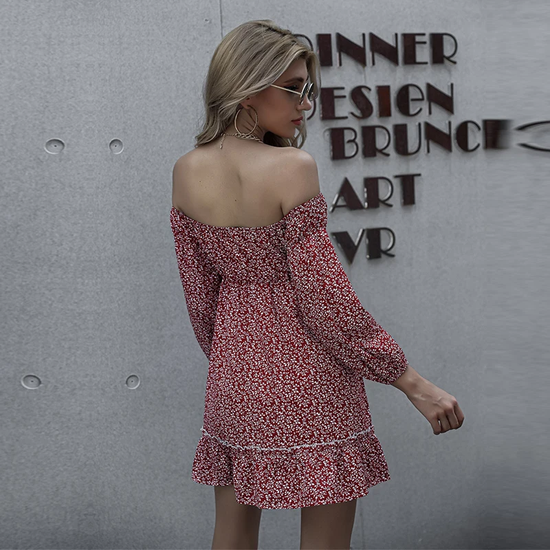 

Autumn Winter Off The Shoulder Dress Women Casual Ruffles High Waist Slim Slash Neck Dot Print Dress For Women 2020 New Fashion