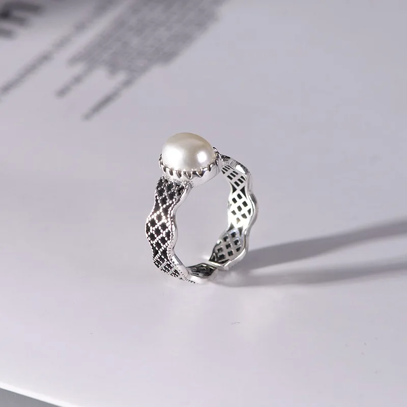 

FNJ Freshwater Pearl Rings 925 Silver Adjustable Size Popular S925 Solid Silver Ring for Women Jewelry Fine Hollow