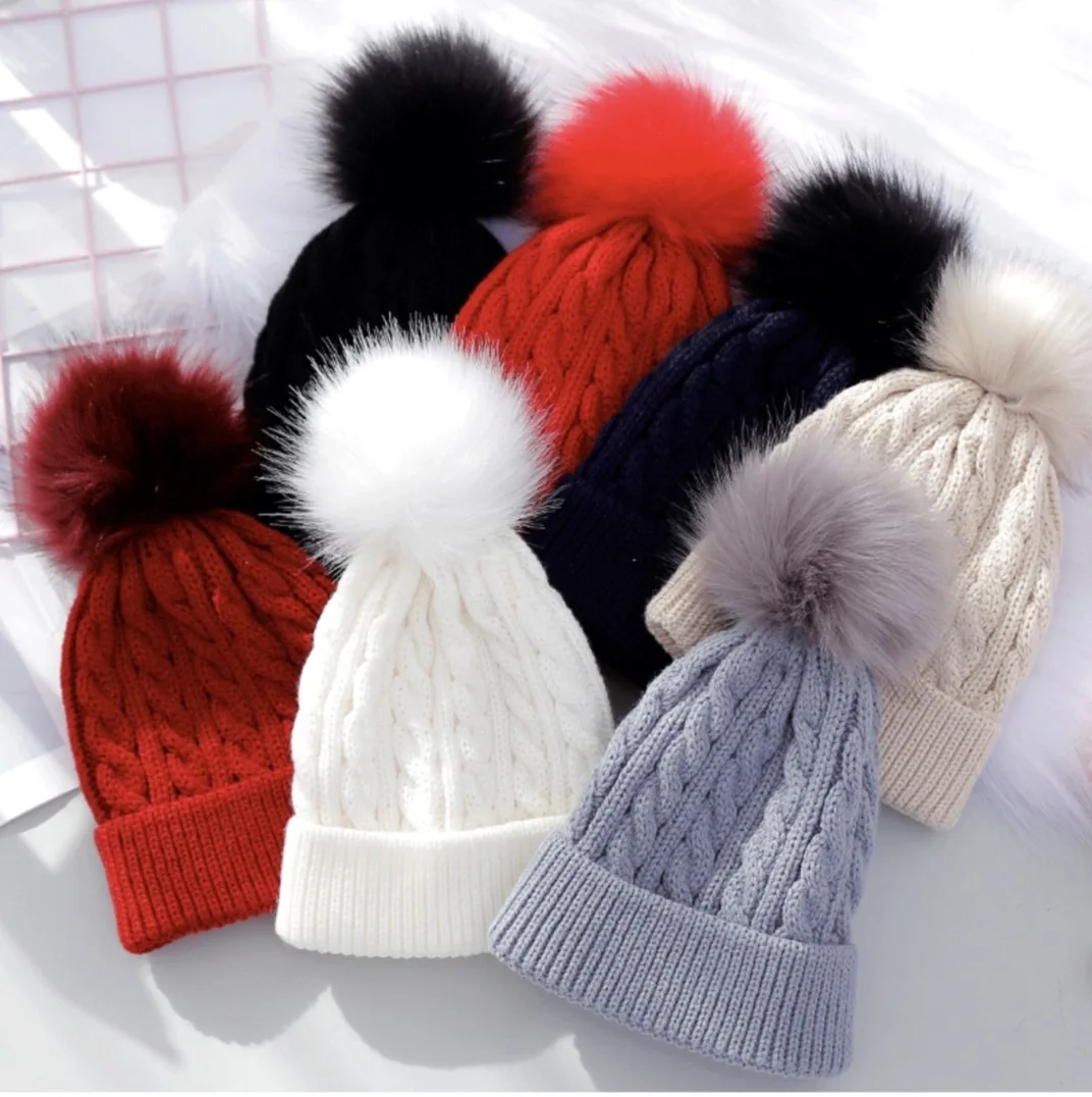 2021 New Cute Baby Wool Knit Winter Hats Children Fur Pom Pom Beanie Caps Girls Boys Outdoor Warm Hat 1-4 Years Old
