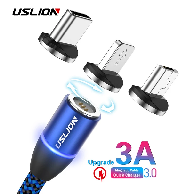 Магнитный кабель USLION Micro USB Type C для iPhone Samsung Xiaomi Huawei 2 м 3 А провод быстрой зарядки