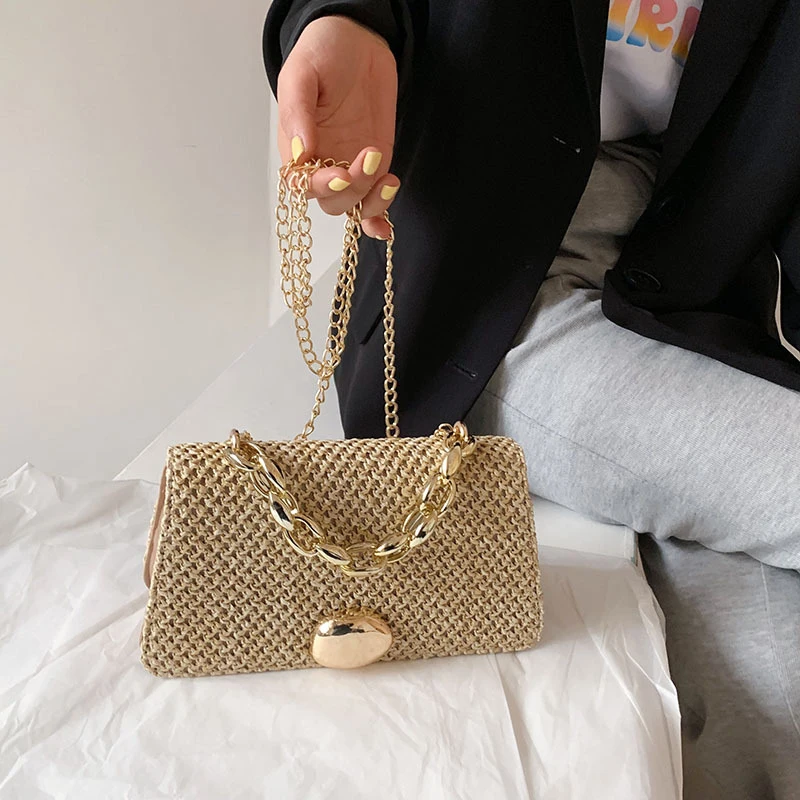 

2021 Top Handle Handbags Totes Summer Handmade Bags for Women Beach Weaving Ladies Straw Bag Wrapped Beach Bag Square Shaped