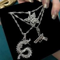 just feel silver color dragon crystal pendant necklace for women multilayer butterfly pistol letter choker necklace punk jewelry