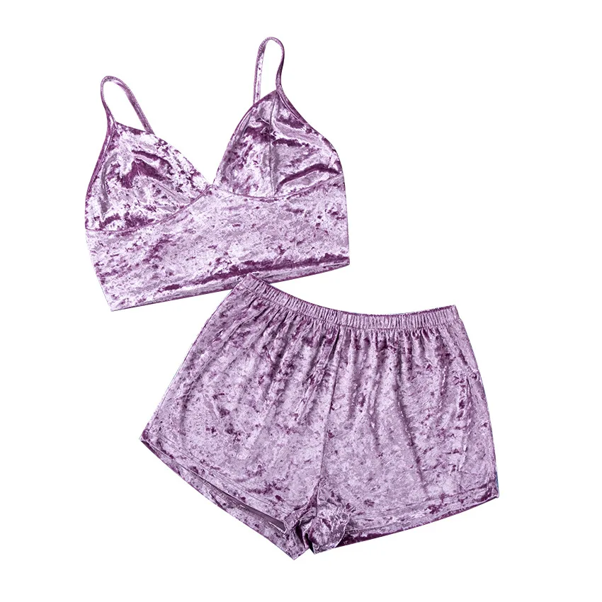 

Velvet Cami Shorts Pijamas Set Women's Purple Sexy V Neck Crop Lady Home Wear Summer Two Piece Pyjamas Sleepwear Pajamas Set
