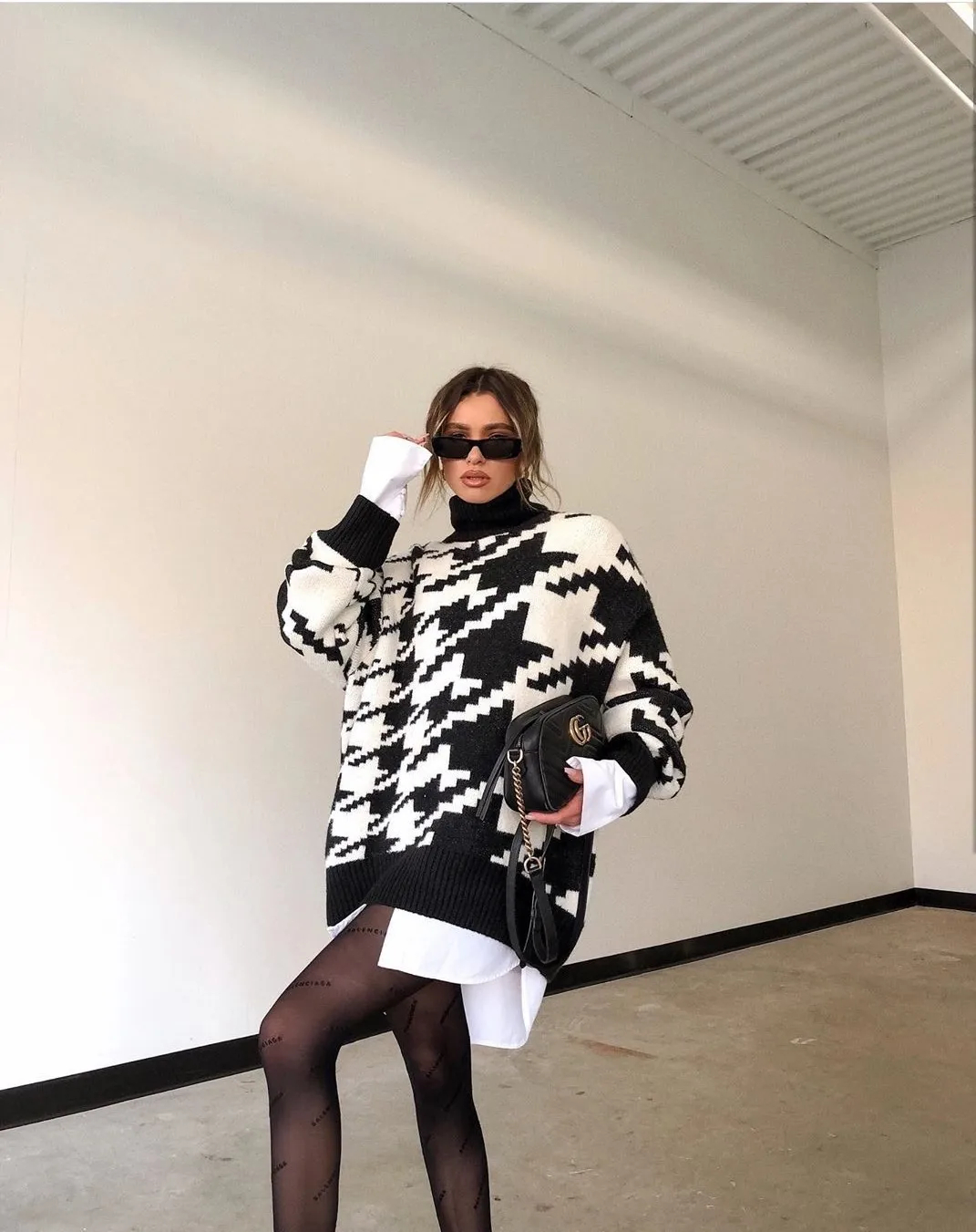 

2021 fall/winter new style top geometric knitted casual retro pullover sweater