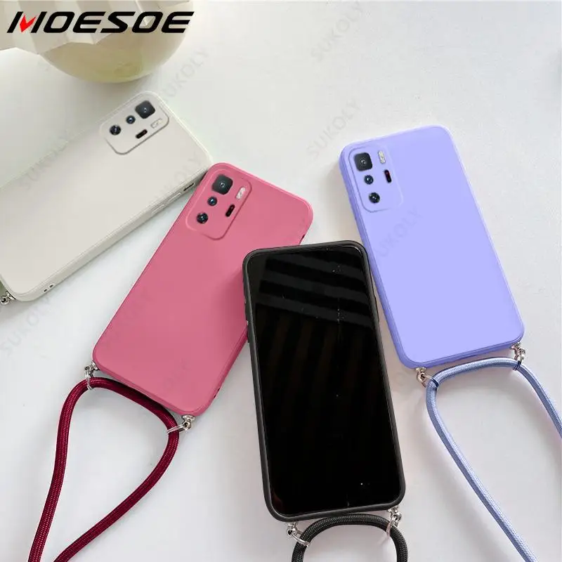 For Xiaomi Redmi Note 12 11 10 Pro Case Square Liquid Silicone Lanyard Case Mi 12T Pro Mi 11 Lite 5G Poco X5 Pro Neck Rope Cover