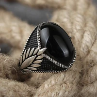 2022 vintage black agate stone finger rings for men accessories fashion handmade carved pattern men rings wedding jewelry gift