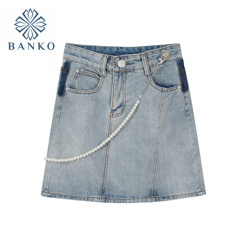

Korean Harajuku Y2k Denim Skirt With Chain Women Streetwear Vintage Sexy High Waist Casual Mini Skirts 2021 Summer New Clothing