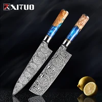 xituo chef knife high quality 67 layer japanese damascus steel meat cleaver blue resin and color wooden handle kitchen tool