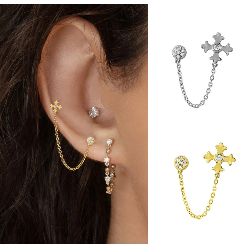 

Gold Silver Color Long Chain Snowflake Zircon Stud Earrings Ear Piercing Double Stud Earrings for Women Female Fashion Brincos