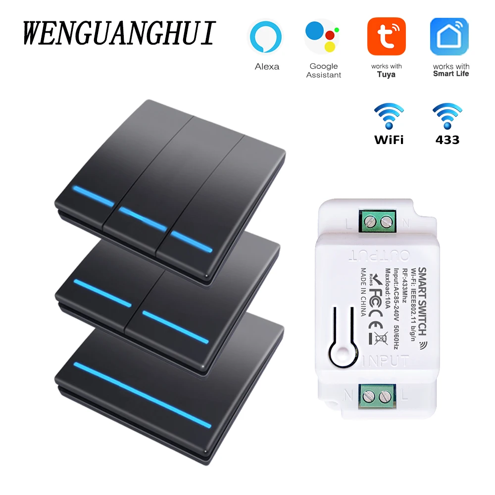 Tuya Smart Switch 1/2/3 Gang Wireless RF 433Mhz Push Button Panel,Smart Home Improvement Timer Module Supports Google Home Alexa