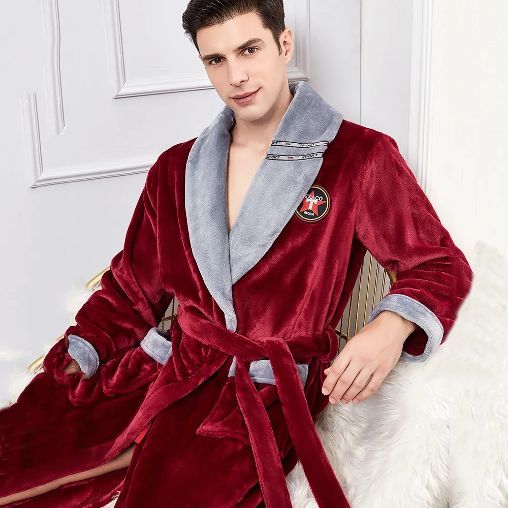 Plus Size 3XL Flannel Men Robe Sleepwear Winter Warm Kimono Bathrobe Gown Thick Coral Fleece Couple Nightwear Male Home Clothes