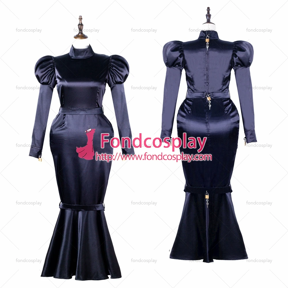 

fondcosplay adult sexy cross dressing sissy maid long black satin dress lockable Uniform fish tail costume Tailor-made[G2249]