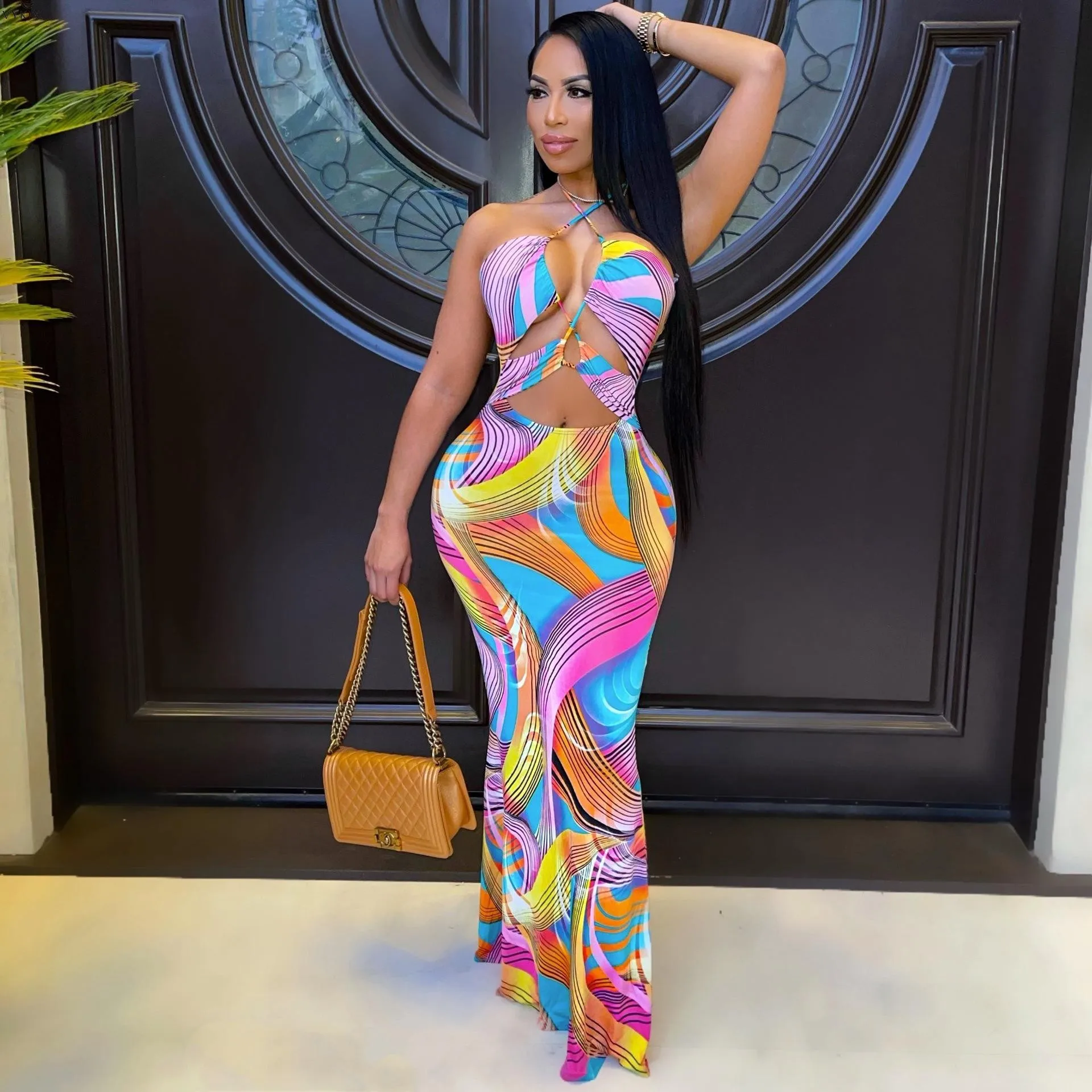 

Fashion Women Long Dress Print Sleeveless Halter Hollow Out Strechy Bodycon Maxi Floor Length Dresses Sexy Club Outfits Summer
