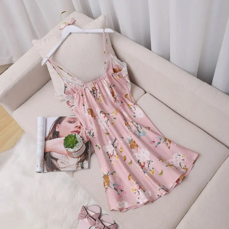 

Sexy Nightdress Home Dressing Gown Summer New Sleepwear Faux Silk Nightgown Satin Women Print Sleep Dress Lace Lingerie