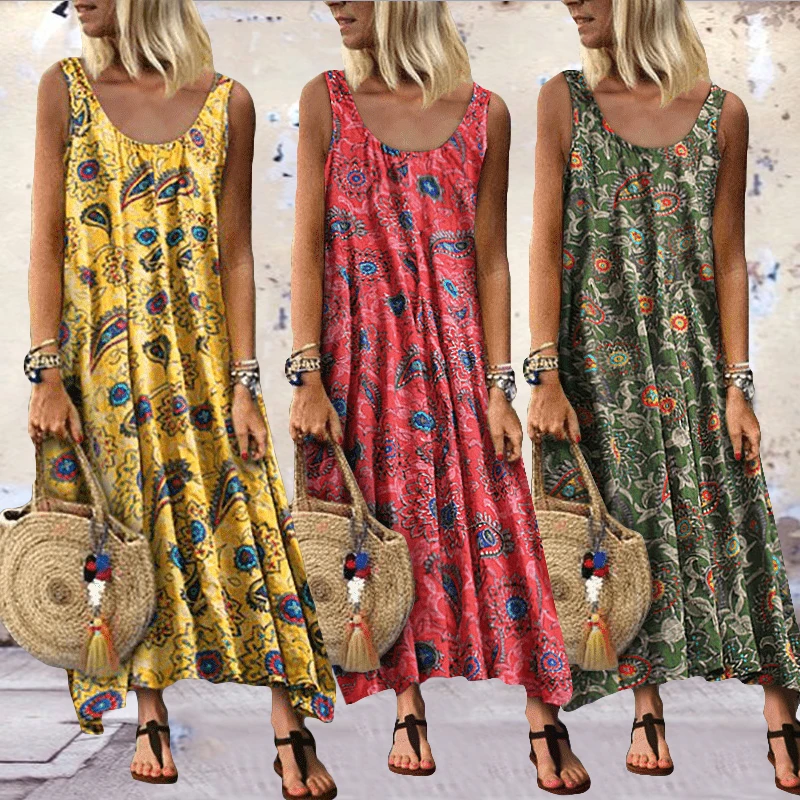 Женское летнее свободное платье с круглым вырезом и принтом большого размера