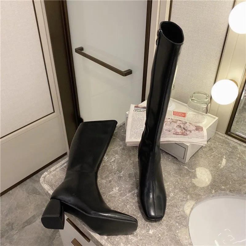 

2020 INS Fashion Women Black Block High Heels Long Boots New Winter Warm Knee High Boots Soft Leather Thigh High Boots Shoes