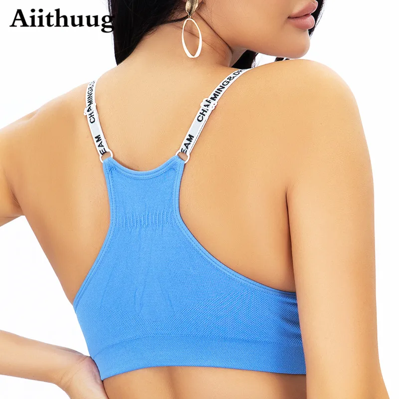 Aiithuug Sports Bras for Women Letter Strap Wireless Nylon Padded Sleepwears Gym Workout Yoga Bralette Underwear Daily Fitness