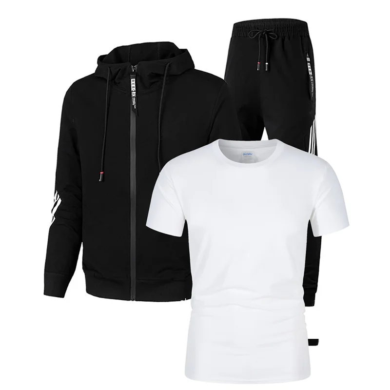

2021 men's spring and autumn suit sportswear trend outdoor sportswear track suit jogging suit + three-piece cotton T-shirt