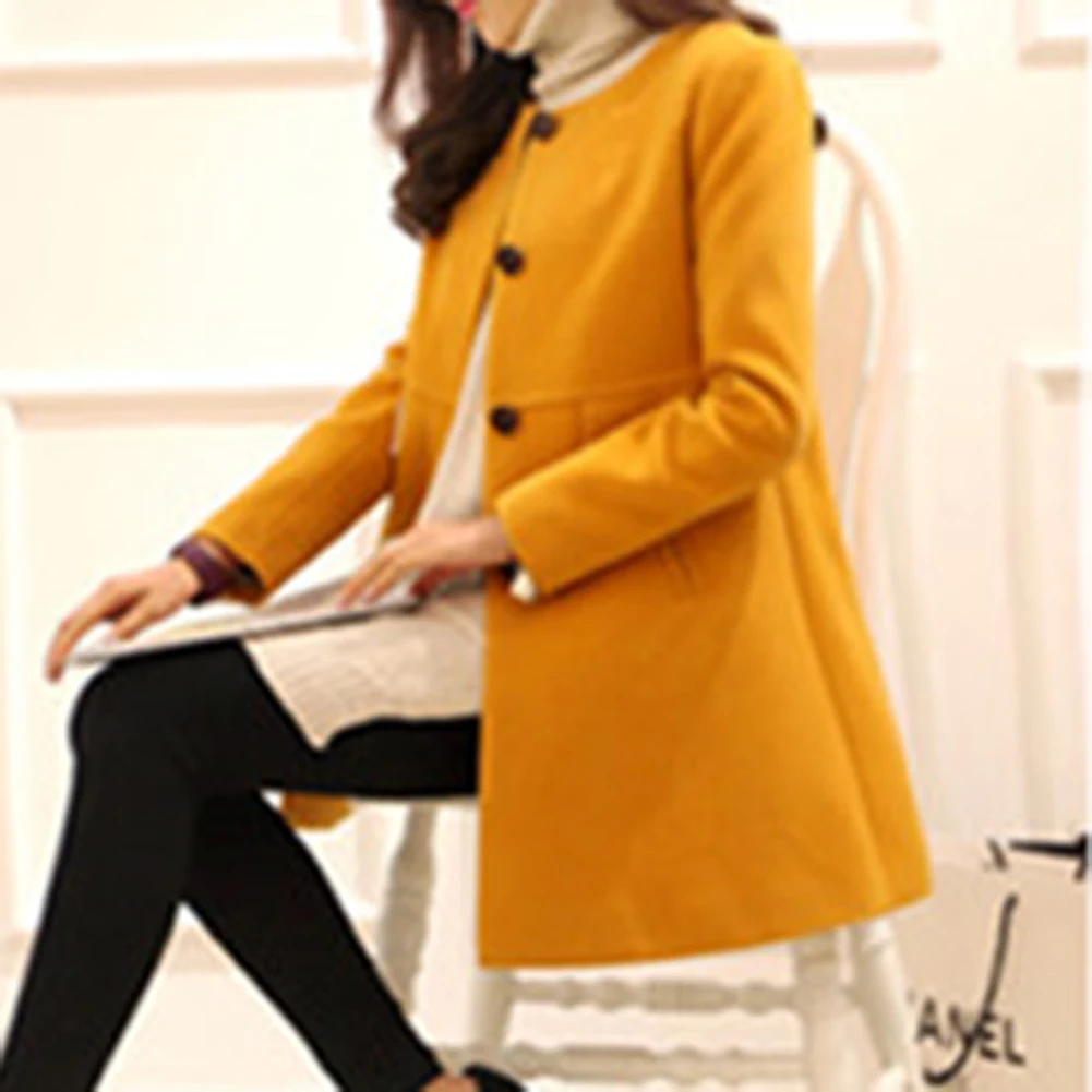 Зимняя шерстяная одежда длинное пальто для женщин с длинным рукавом и круглым