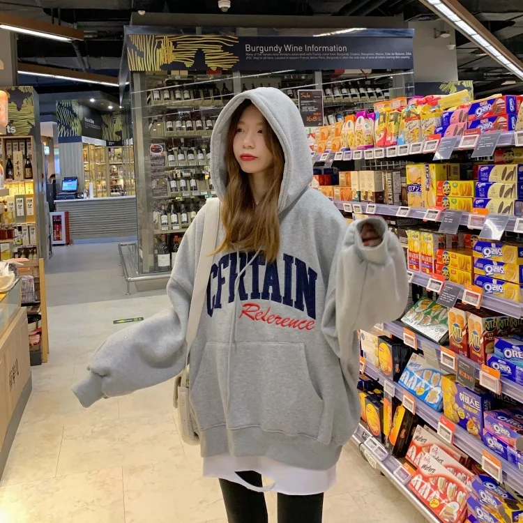 

XZ479 2021 new women version plus velvet thick letter embroidery hooded loose casual jacket red Sweatshirts